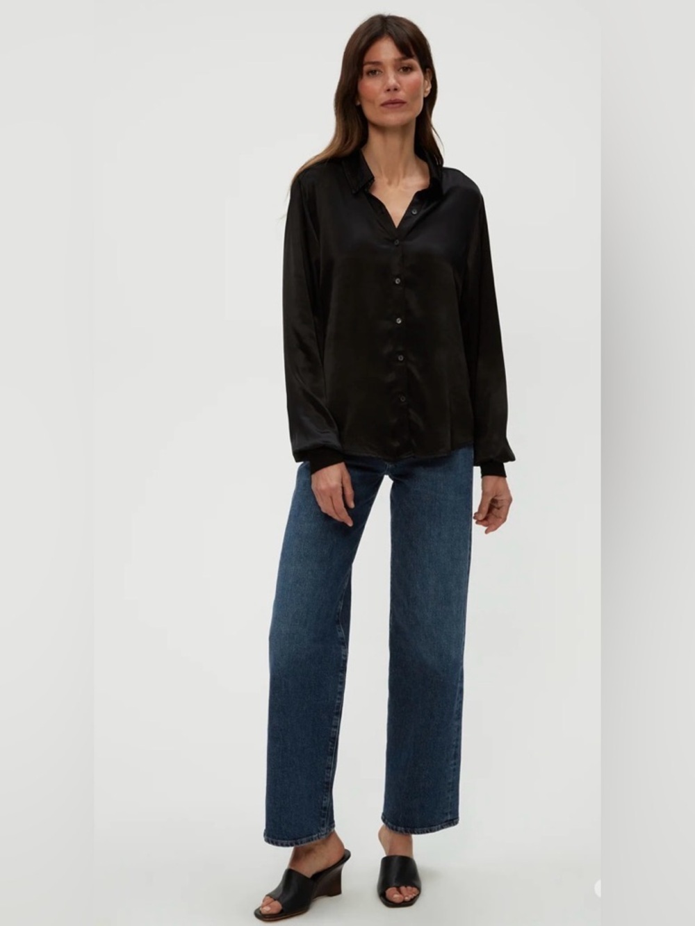 Michael Stars Navy Blue Meredith Satin Button-Up Blouse M
